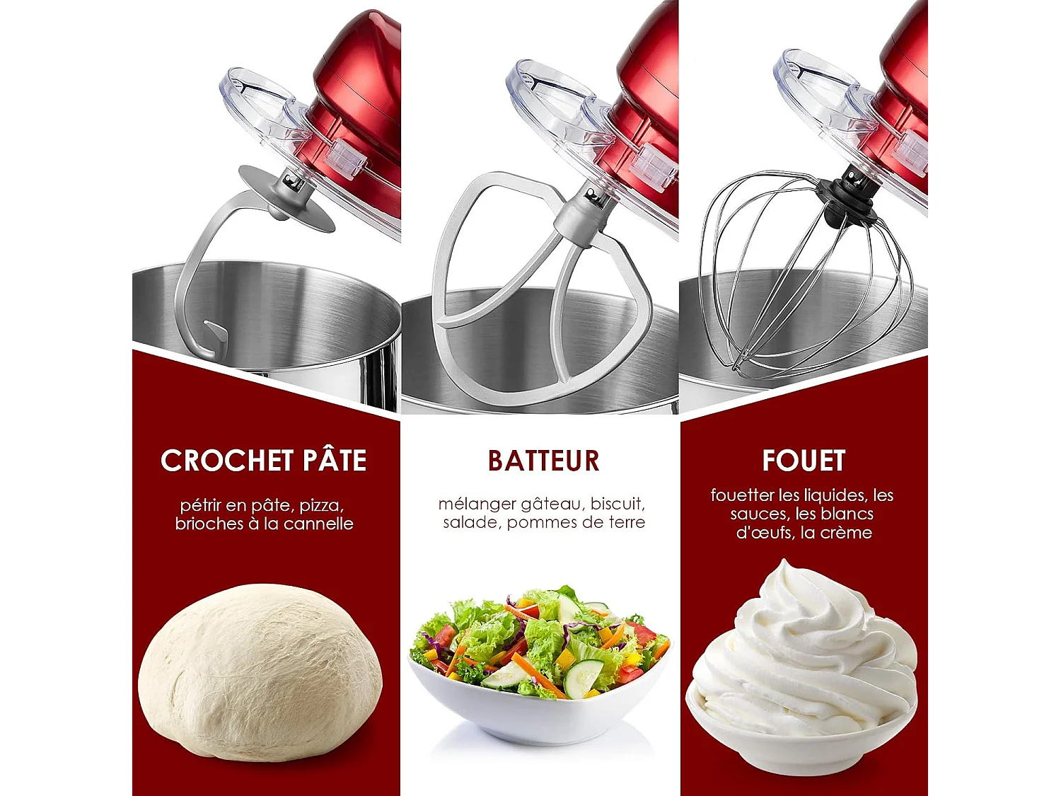 Robot pâtissier 1400w avec bol 7l batteur electrique en inox et abs à 6 vitesses réglables avec fouet