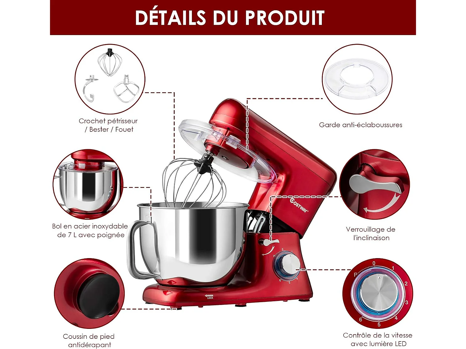Robot pâtissier 1400w avec bol 7l batteur electrique en inox et abs à 6 vitesses réglables avec fouet