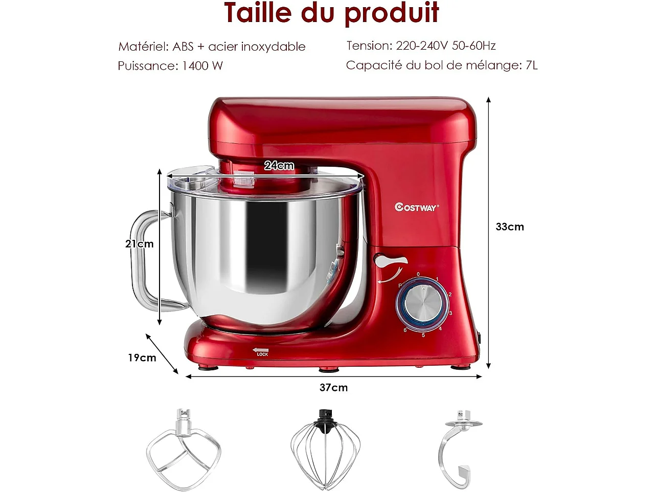 Robot pâtissier 1400w avec bol 7l batteur electrique en inox et abs à 6 vitesses réglables avec fouet