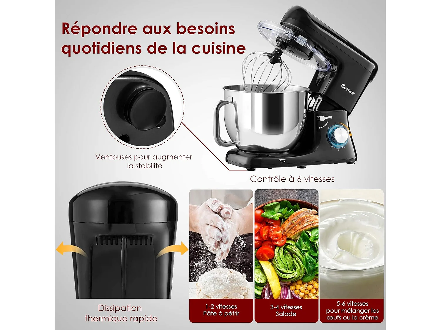 Robot pâtissier 1400w avec bol 7l batteur electrique en inox et abs à 6 vitesses réglables avec fouet