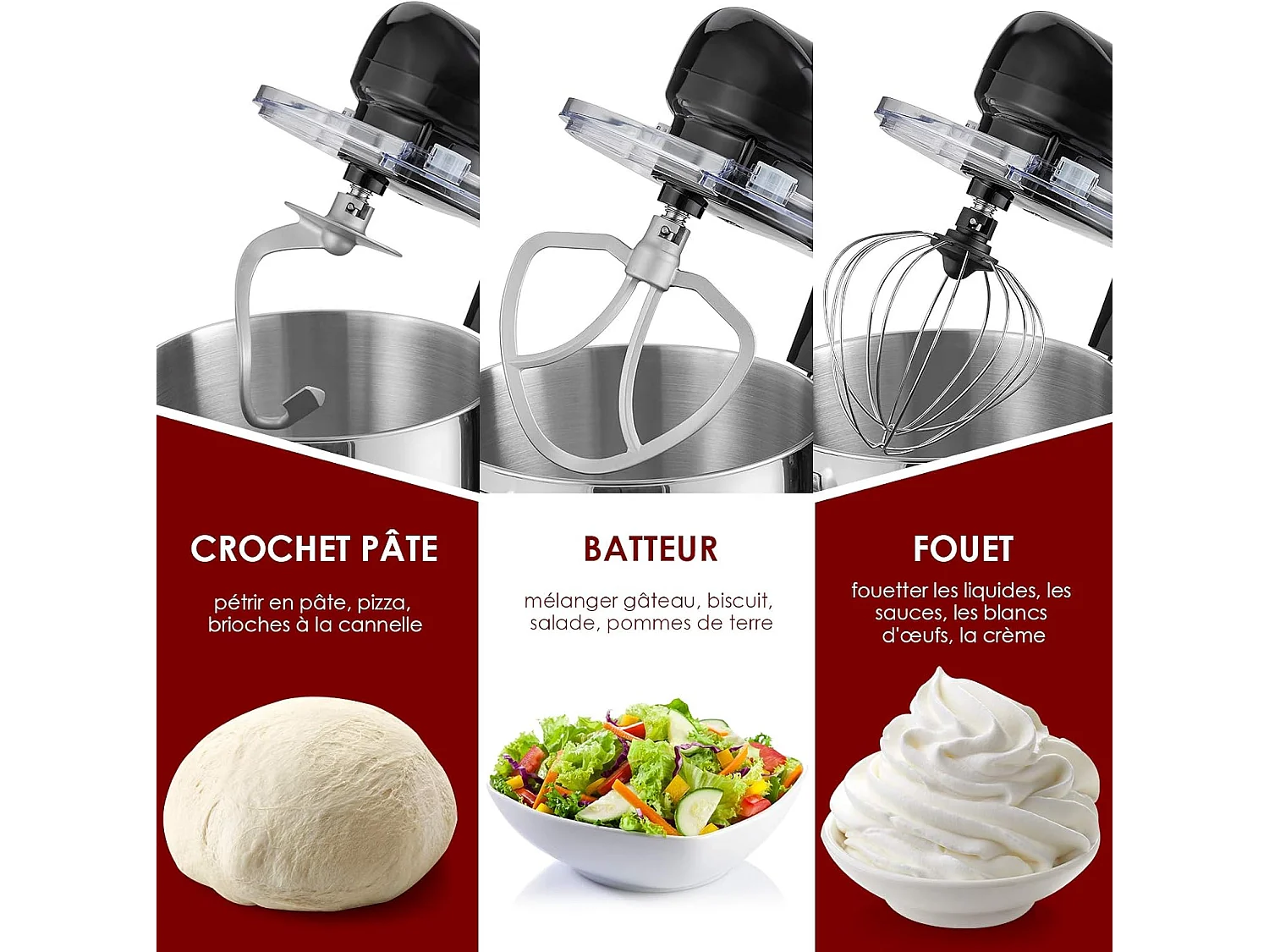 Robot pâtissier 1400w avec bol 7l batteur electrique en inox et abs à 6 vitesses réglables avec fouet