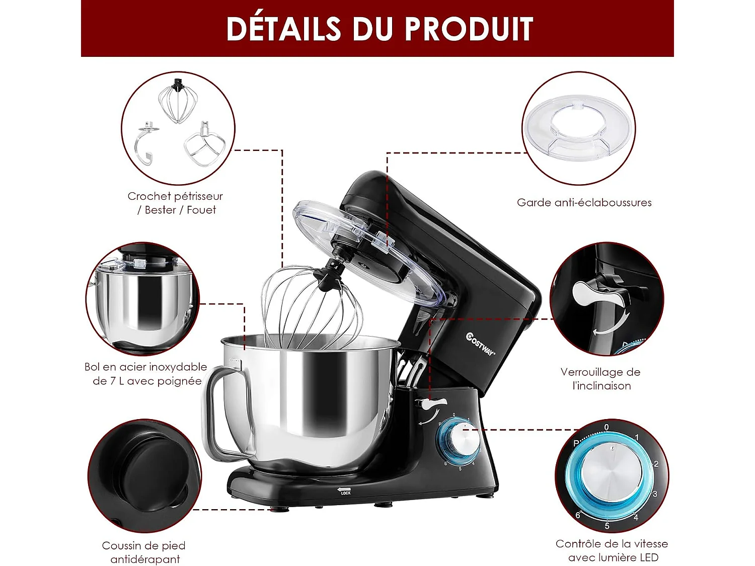 Robot pâtissier 1400w avec bol 7l batteur electrique en inox et abs à 6 vitesses réglables avec fouet