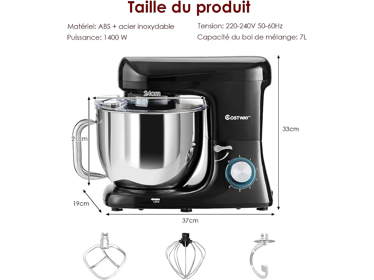 Robot pâtissier 1400w avec bol 7l batteur electrique en inox et abs à 6 vitesses réglables avec fouet