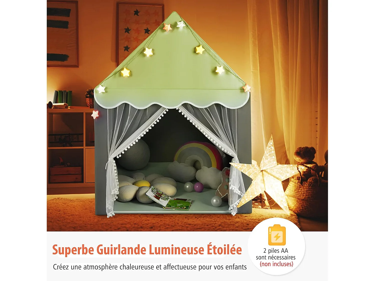 Tente de Jeux pour Enfants, Cabane Enfant avec Tapis Lavable, 105 x 121 x 136 cm Vert