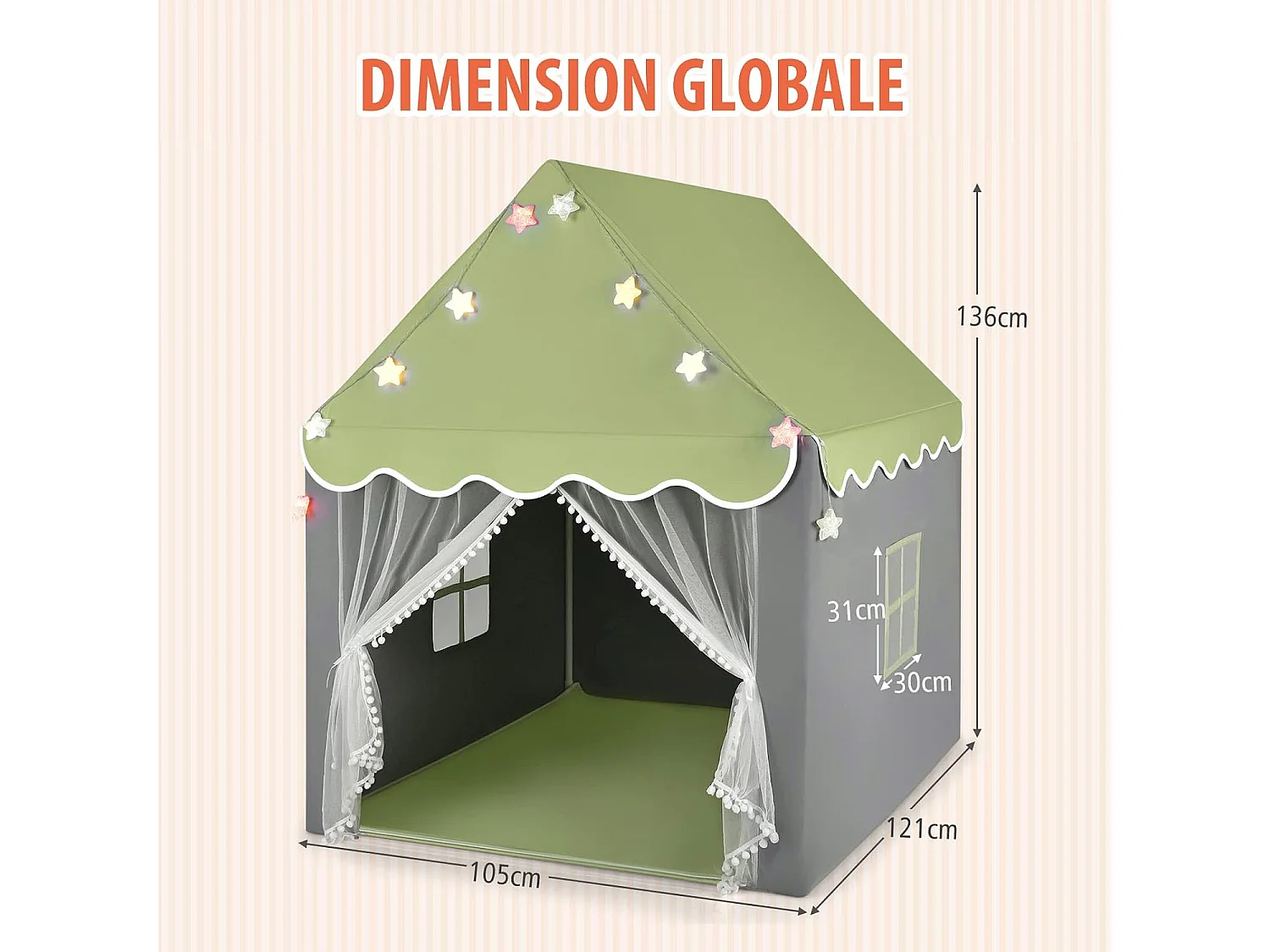 Tente de Jeux pour Enfants, Cabane Enfant avec Tapis Lavable, 105 x 121 x 136 cm Vert