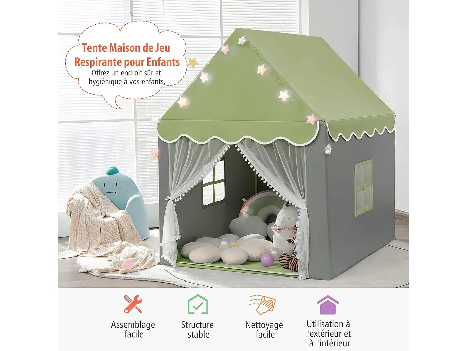 Tente de Jeux pour Enfants, Cabane Enfant avec Tapis Lavable, 105 x 121 x 136 cm Vert