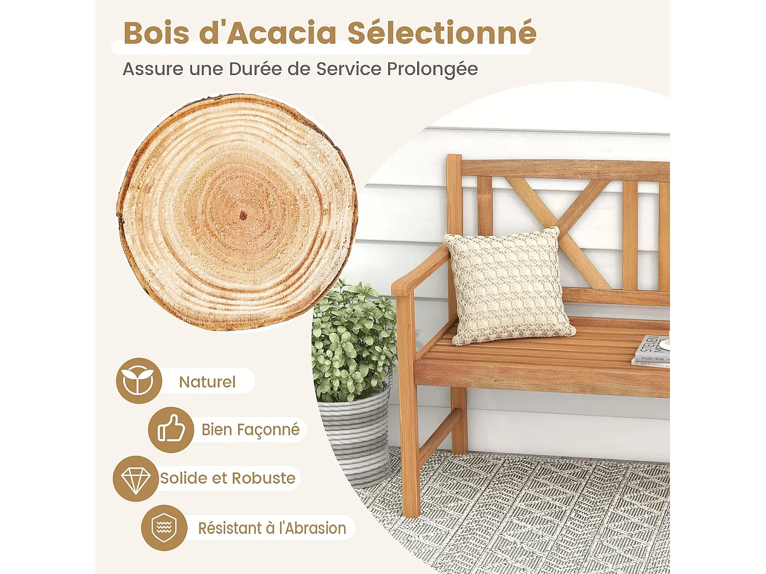 Banc de Jardin en Bois en Acacia avec Accoudoirs et Dossier, 120 x 56 x 86cm