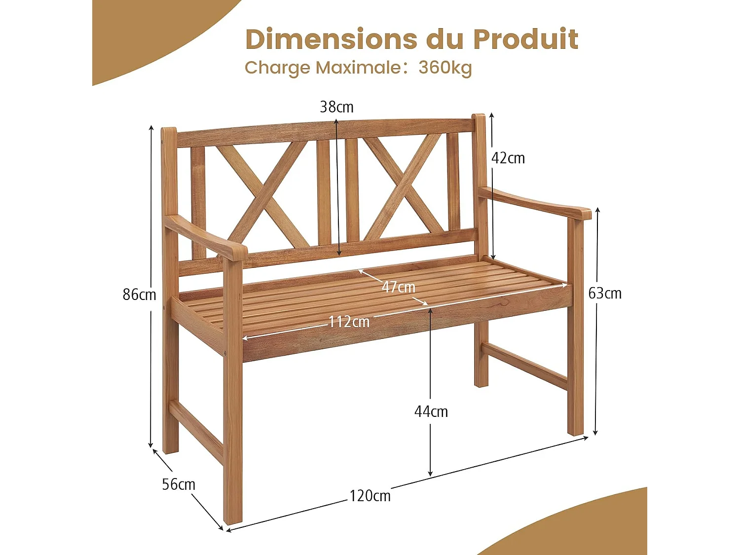 Banc de Jardin en Bois en Acacia avec Accoudoirs et Dossier, 120 x 56 x 86cm