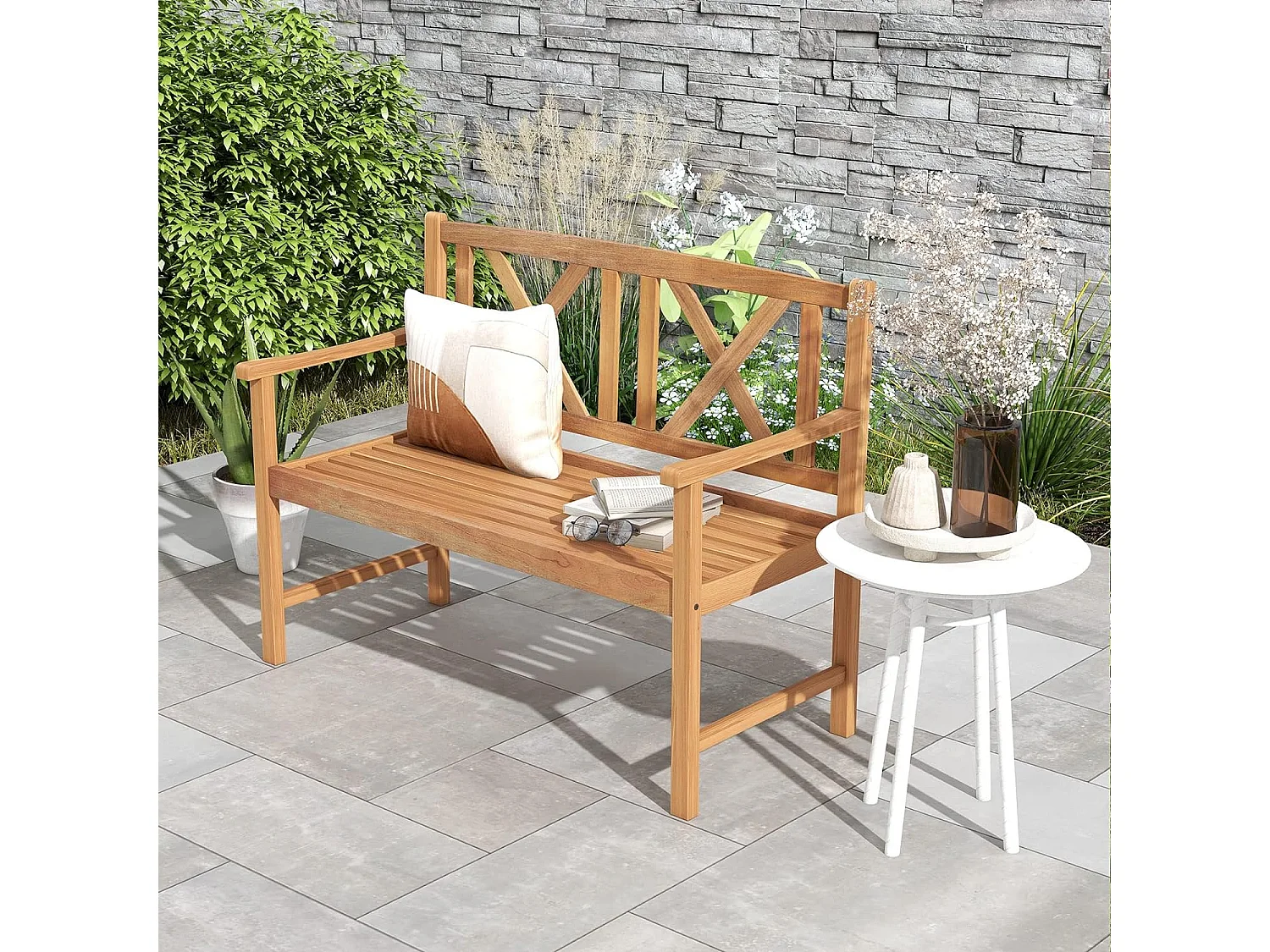 Banc de Jardin en Bois en Acacia avec Accoudoirs et Dossier, 120 x 56 x 86cm