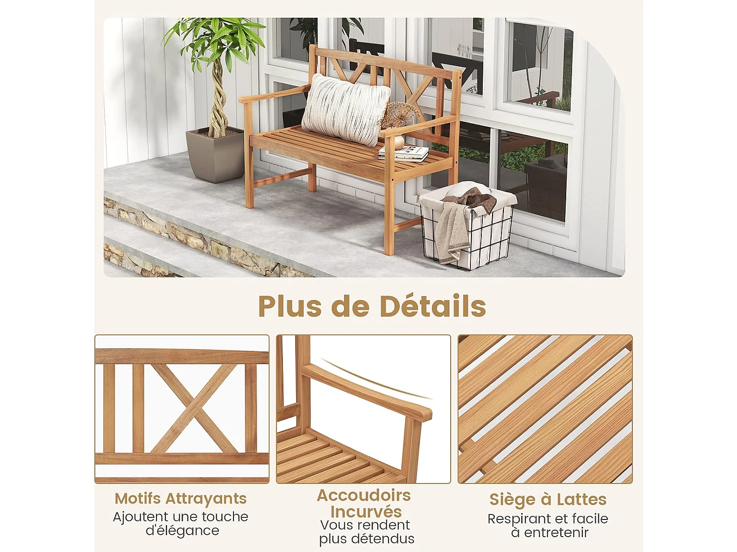 Banc de Jardin en Bois en Acacia avec Accoudoirs et Dossier, 120 x 56 x 86cm