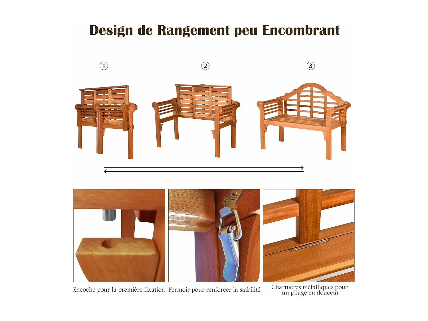 Banc de Jardin Pliable en Bois en Eucalyptus avec Dossier Haut,123 x 54 x 96cm