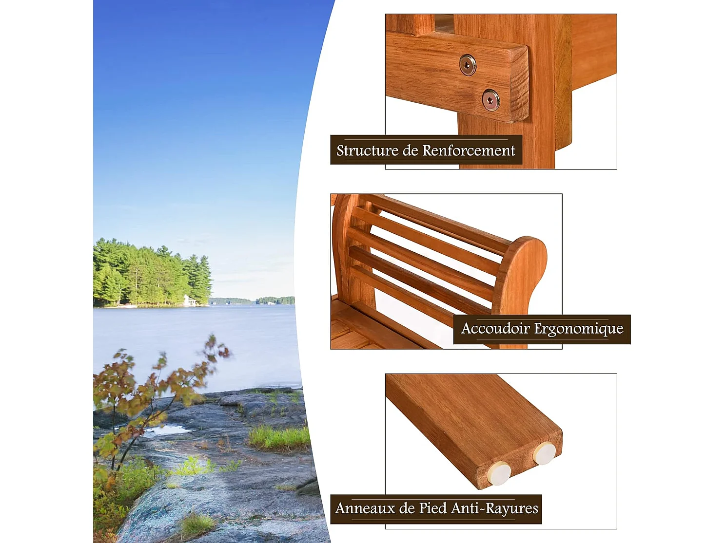 Banc de Jardin Pliable en Bois en Eucalyptus avec Dossier Haut,123 x 54 x 96cm