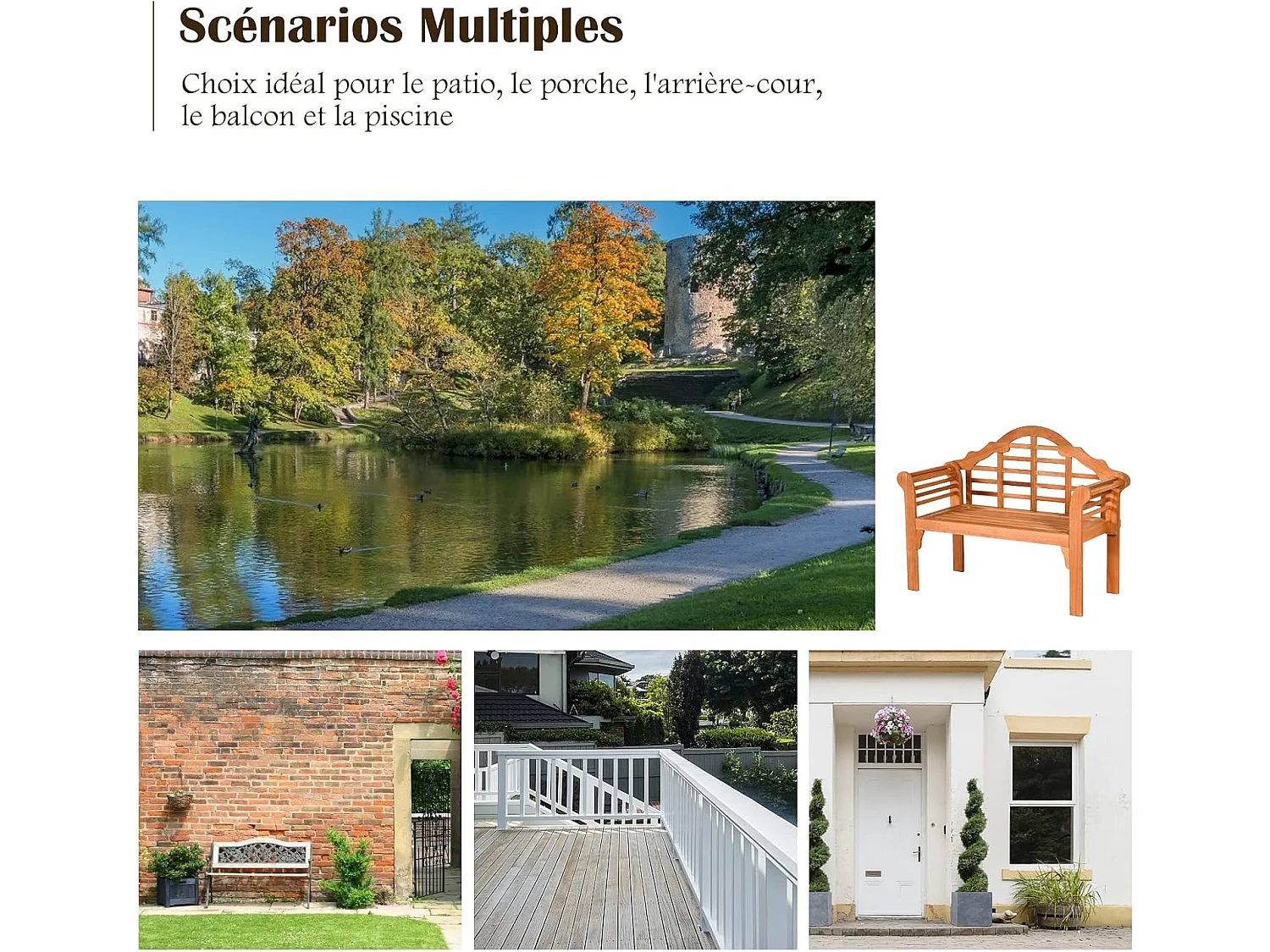 Banc de Jardin Pliable en Bois en Eucalyptus avec Dossier Haut,123 x 54 x 96cm