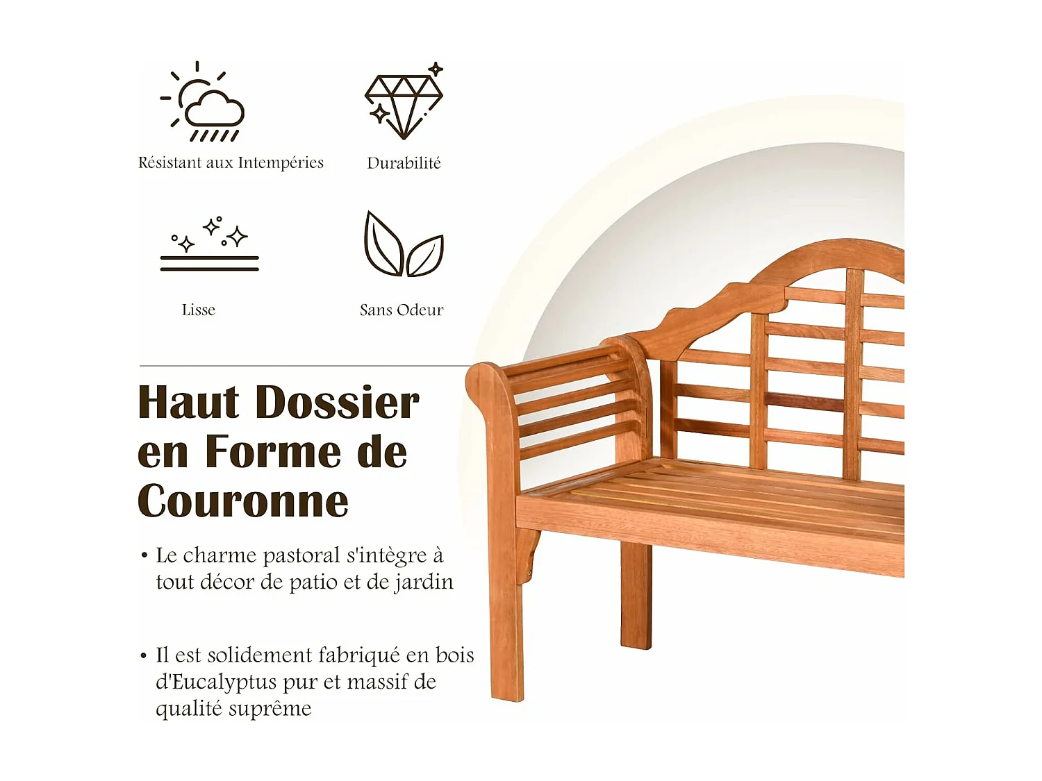 Banc de Jardin Pliable en Bois en Eucalyptus avec Dossier Haut,123 x 54 x 96cm