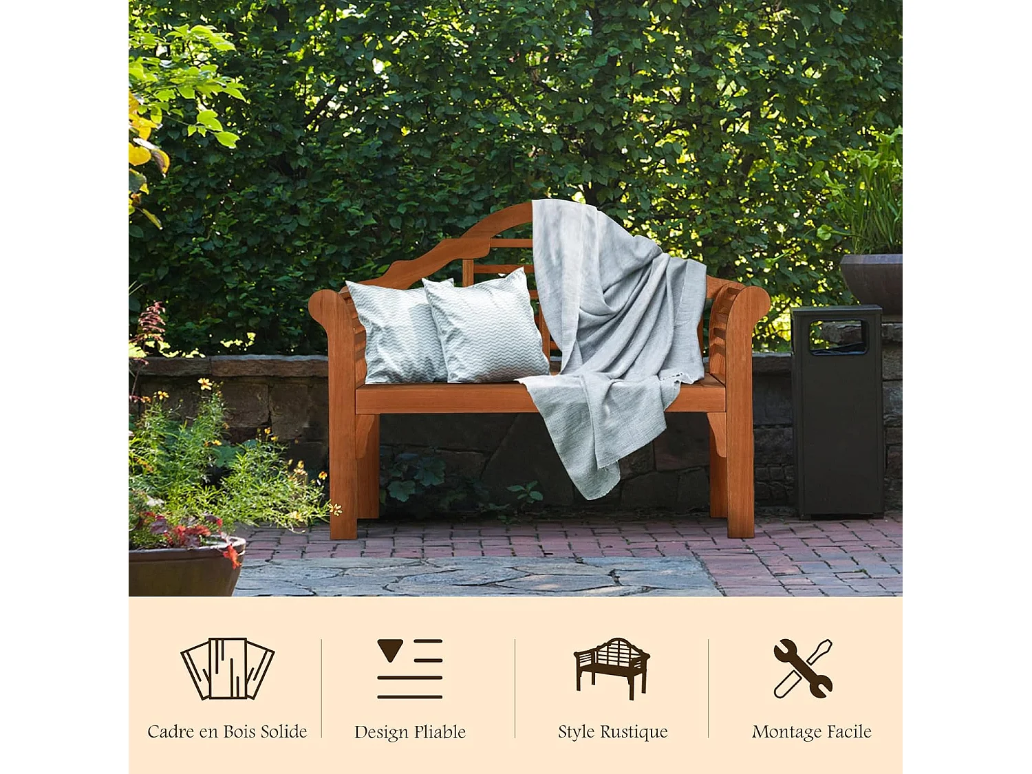 Banc de Jardin Pliable en Bois en Eucalyptus avec Dossier Haut,123 x 54 x 96cm
