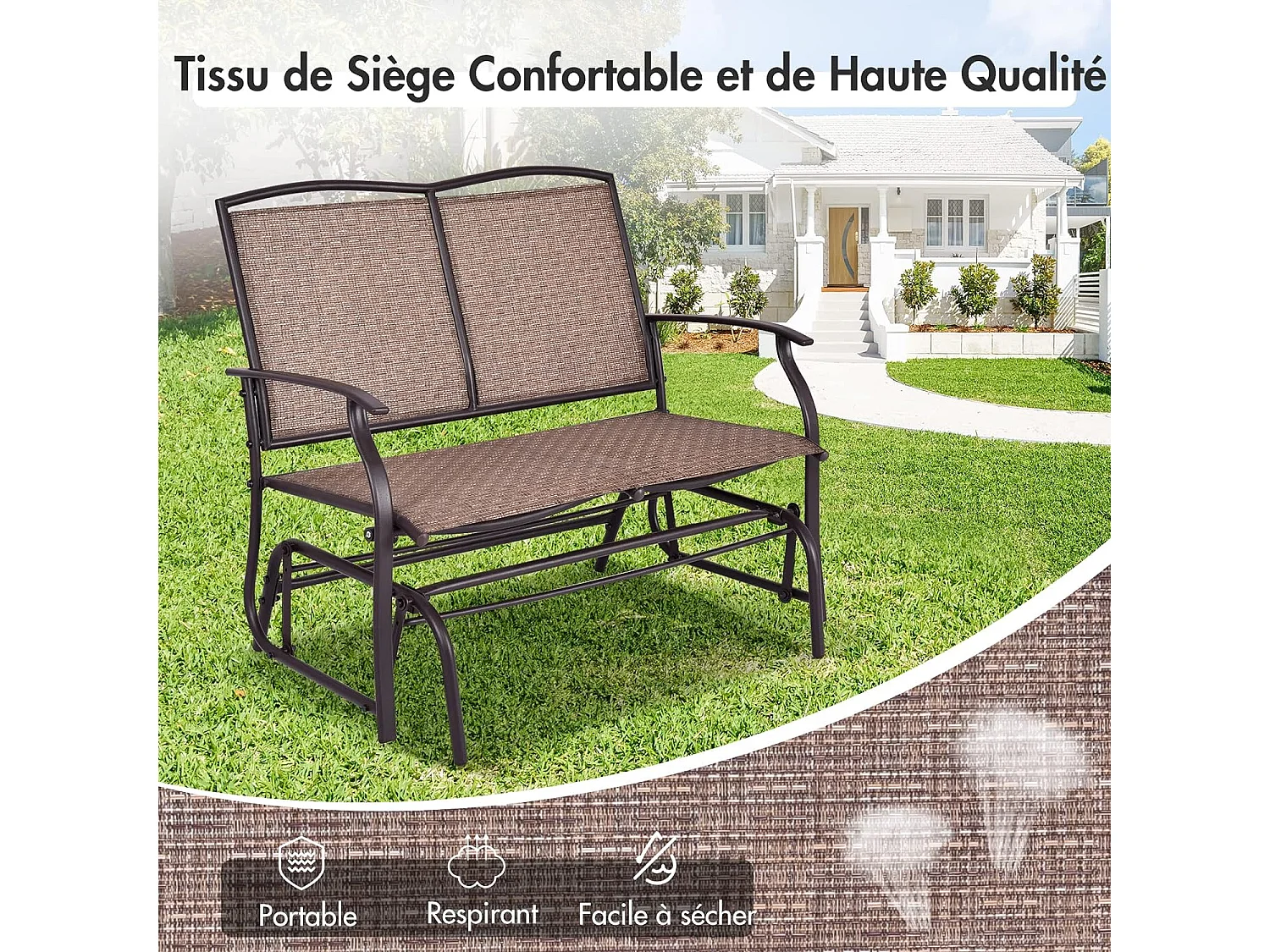 Banc à Bascule de Jardin 2 Places Charge 180kg, Chaise/Fauteuil à Bascule d'Extérieur avec Coussinets Antidérapants, Marron