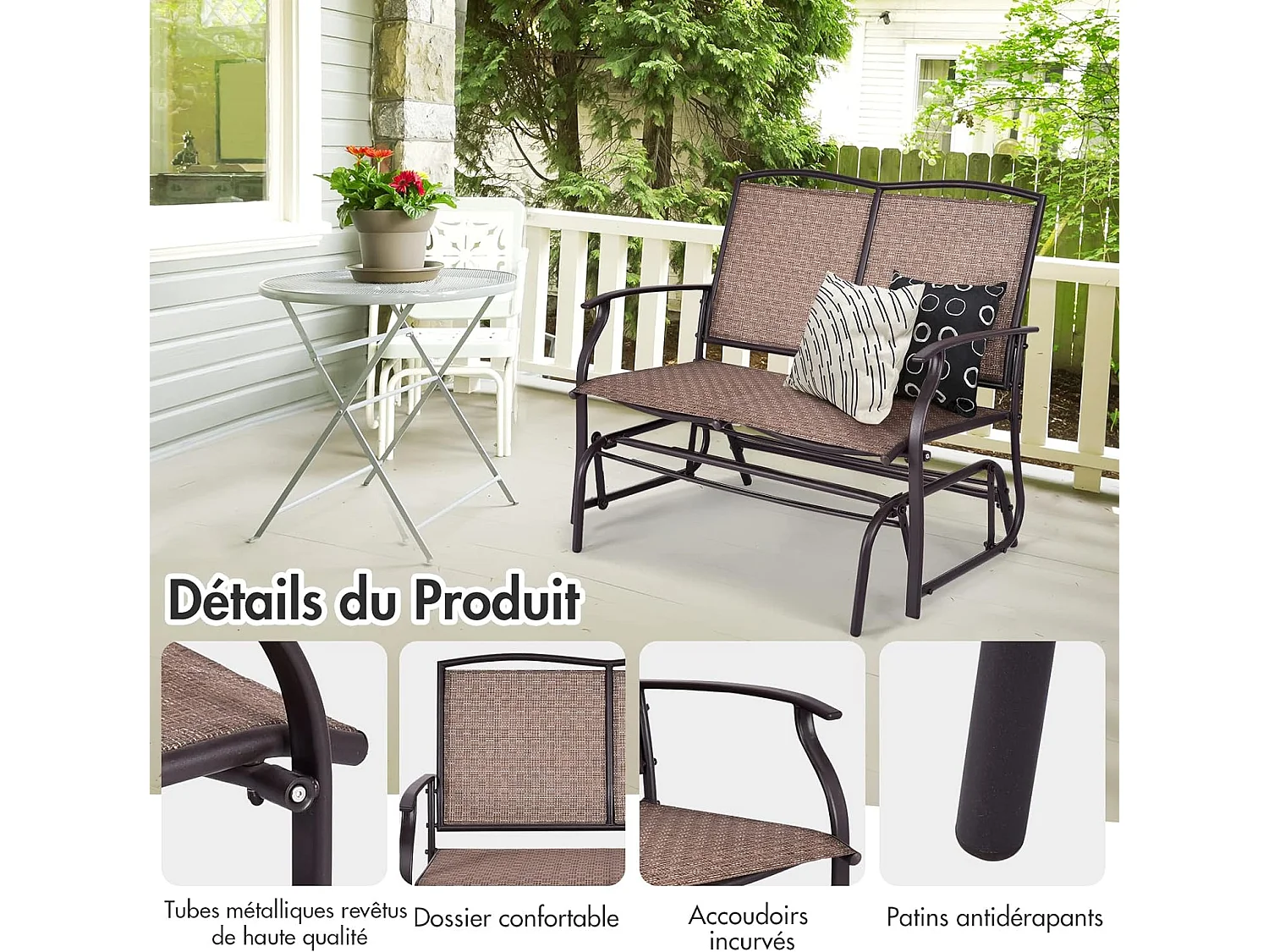 Banc à Bascule de Jardin 2 Places Charge 180kg, Chaise/Fauteuil à Bascule d'Extérieur avec Coussinets Antidérapants, Marron