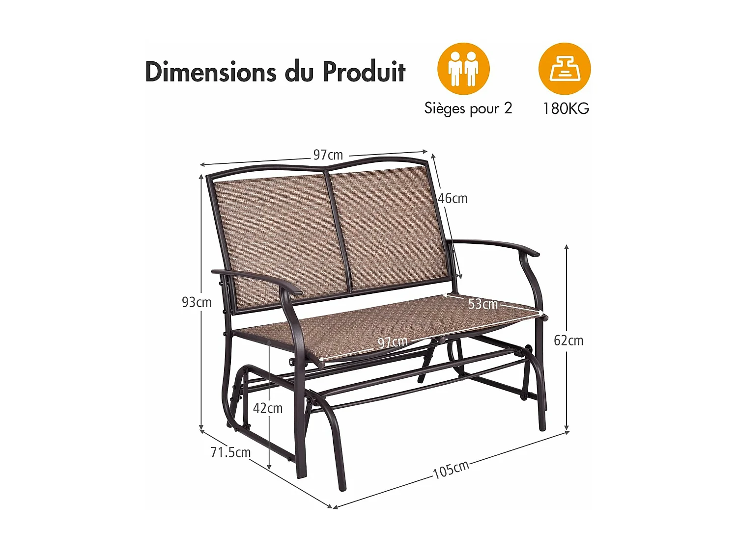 Banc à Bascule de Jardin 2 Places Charge 180kg, Chaise/Fauteuil à Bascule d'Extérieur avec Coussinets Antidérapants, Marron