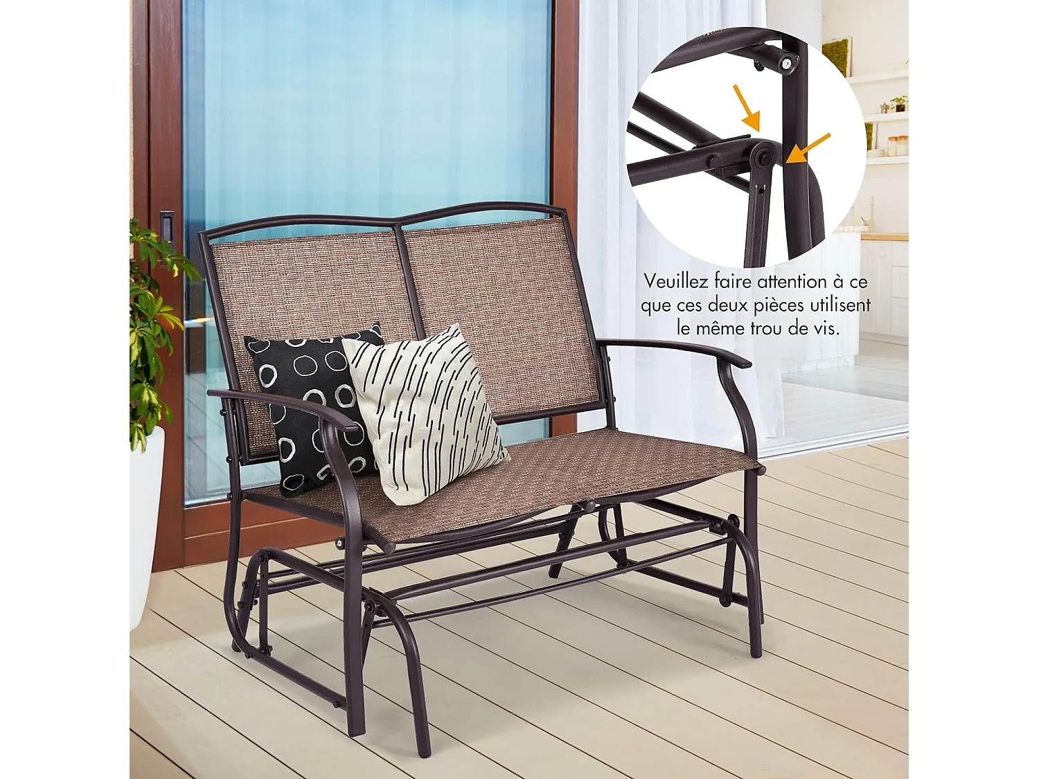 Banc à Bascule de Jardin 2 Places Charge 180kg, Chaise/Fauteuil à Bascule d'Extérieur avec Coussinets Antidérapants, Marron