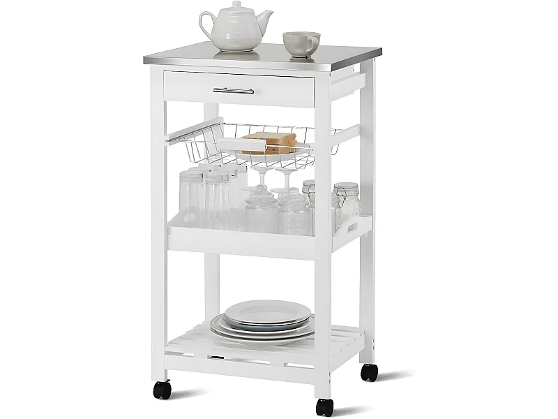 Desserte Cuisine à Roulettes avec Tiroir et Panier en Fil Métallique