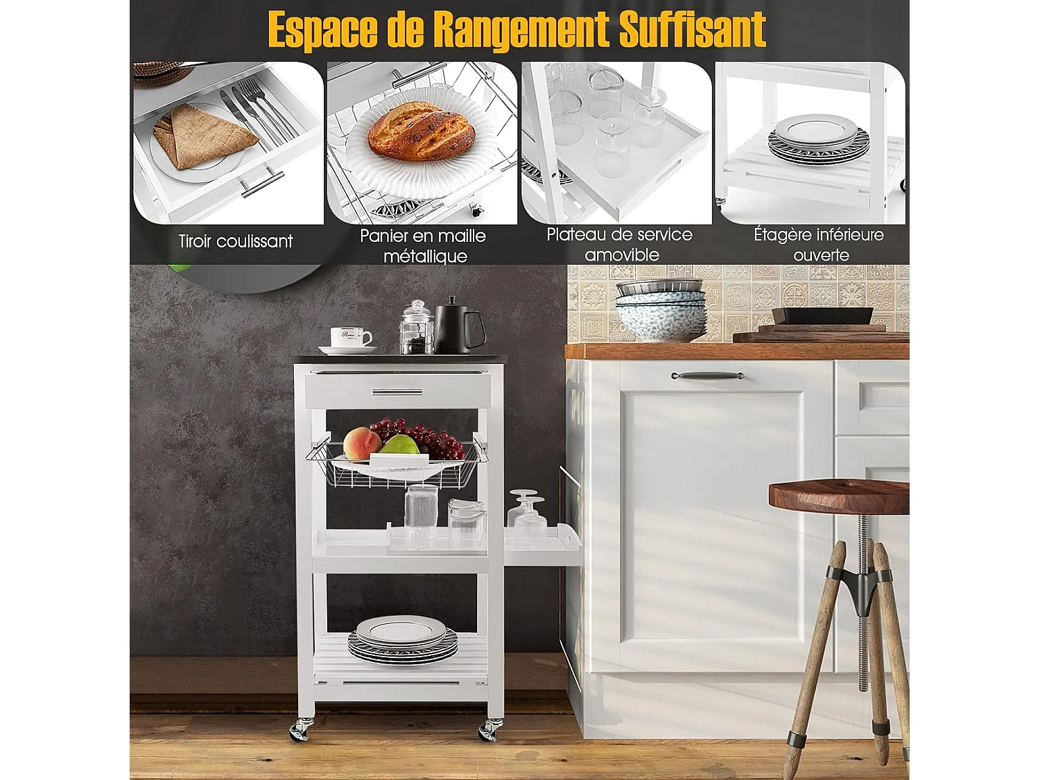 Desserte Cuisine à Roulettes avec Tiroir et Panier en Fil Métallique