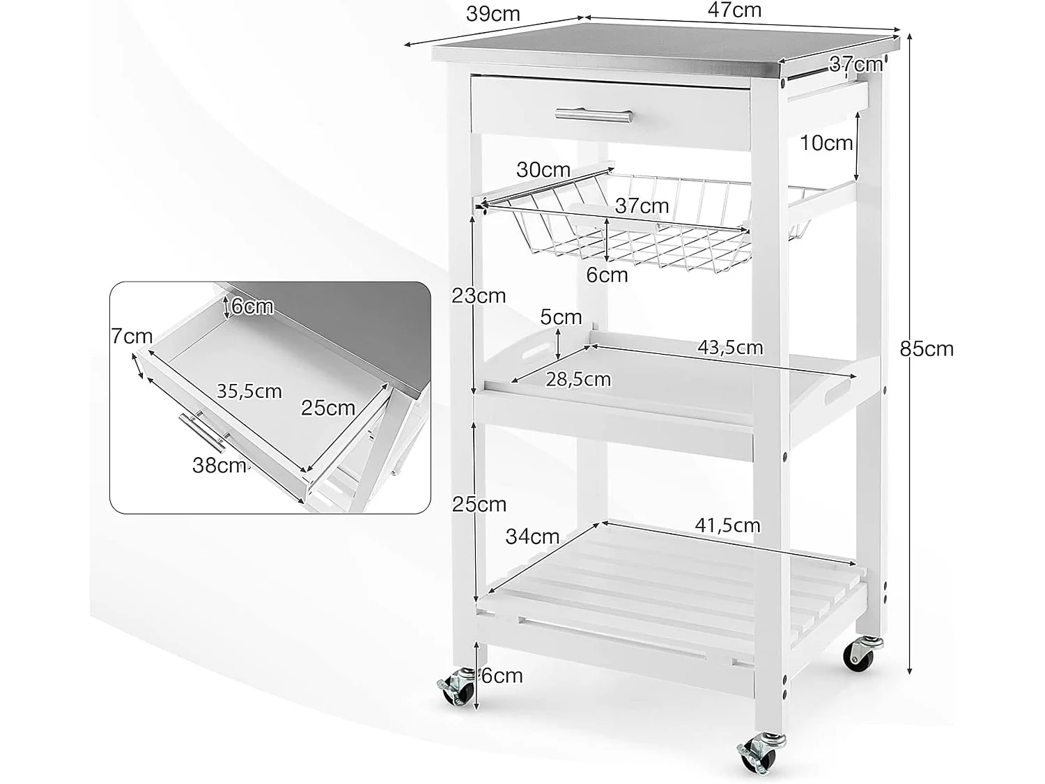 Desserte Cuisine à Roulettes avec Tiroir et Panier en Fil Métallique