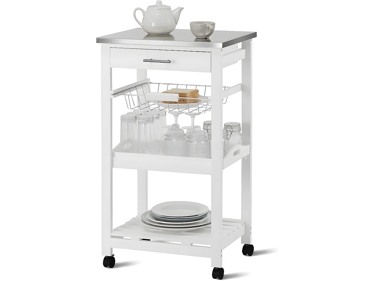 Desserte Cuisine à Roulettes avec Tiroir et Panier en Fil Métallique