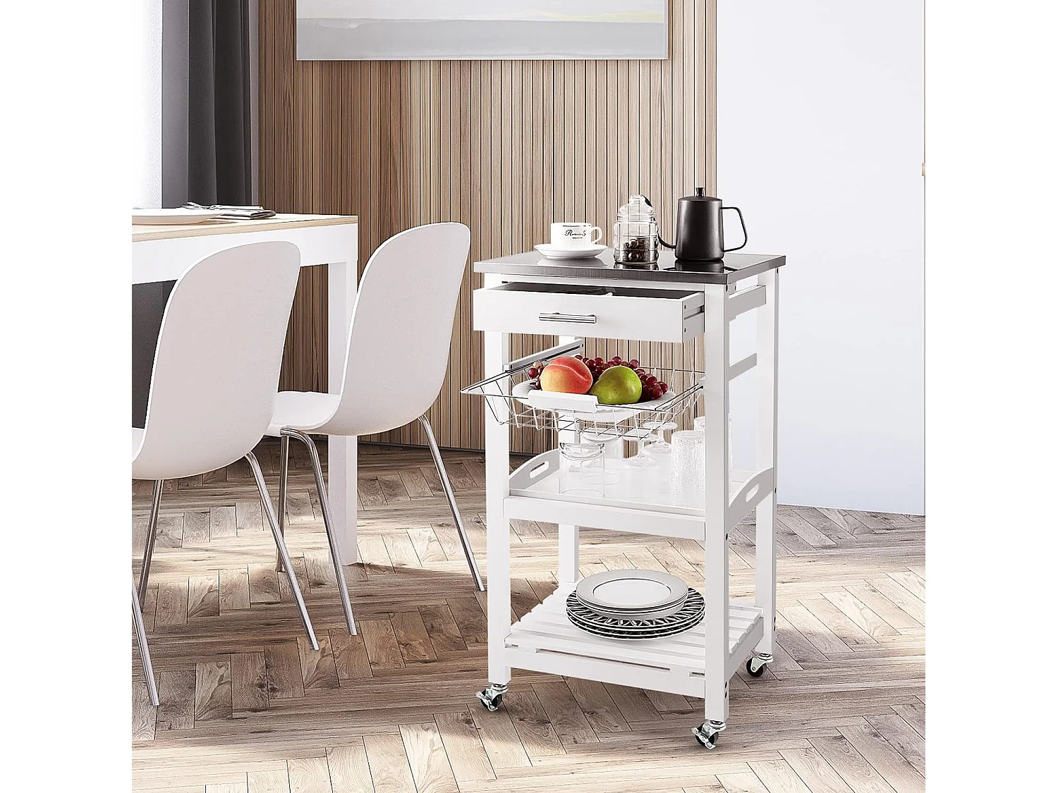 Desserte Cuisine à Roulettes avec Tiroir et Panier en Fil Métallique