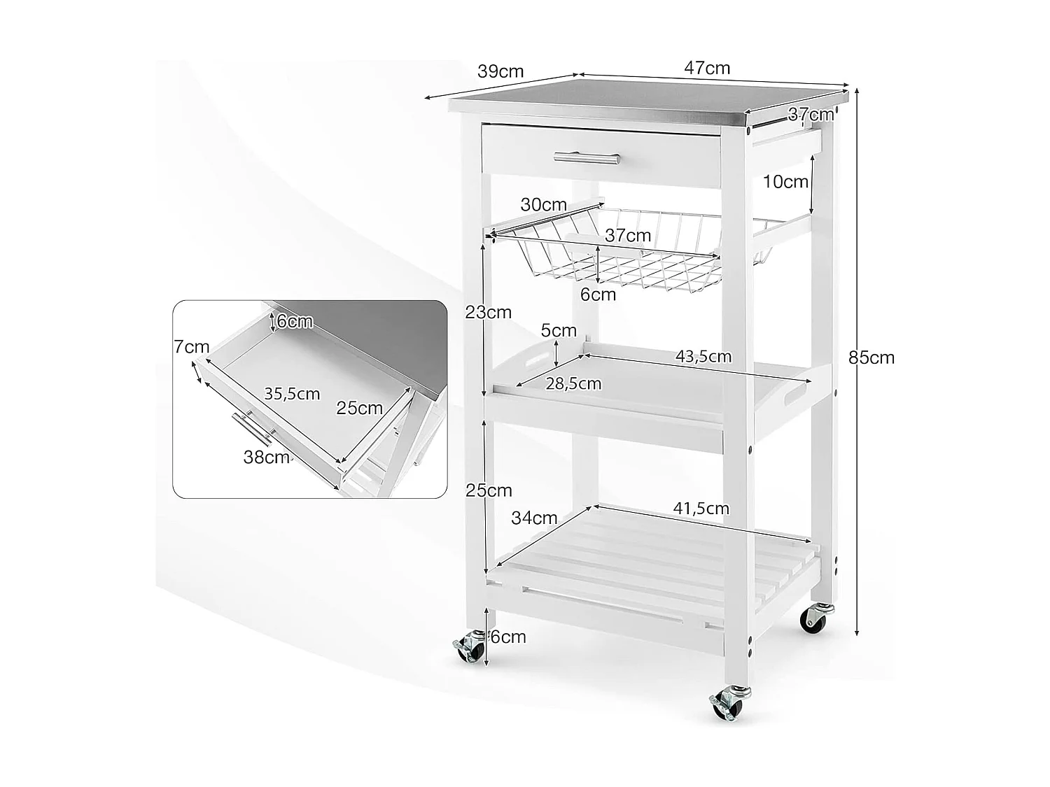Desserte Cuisine à Roulettes avec Tiroir et Panier en Fil Métallique