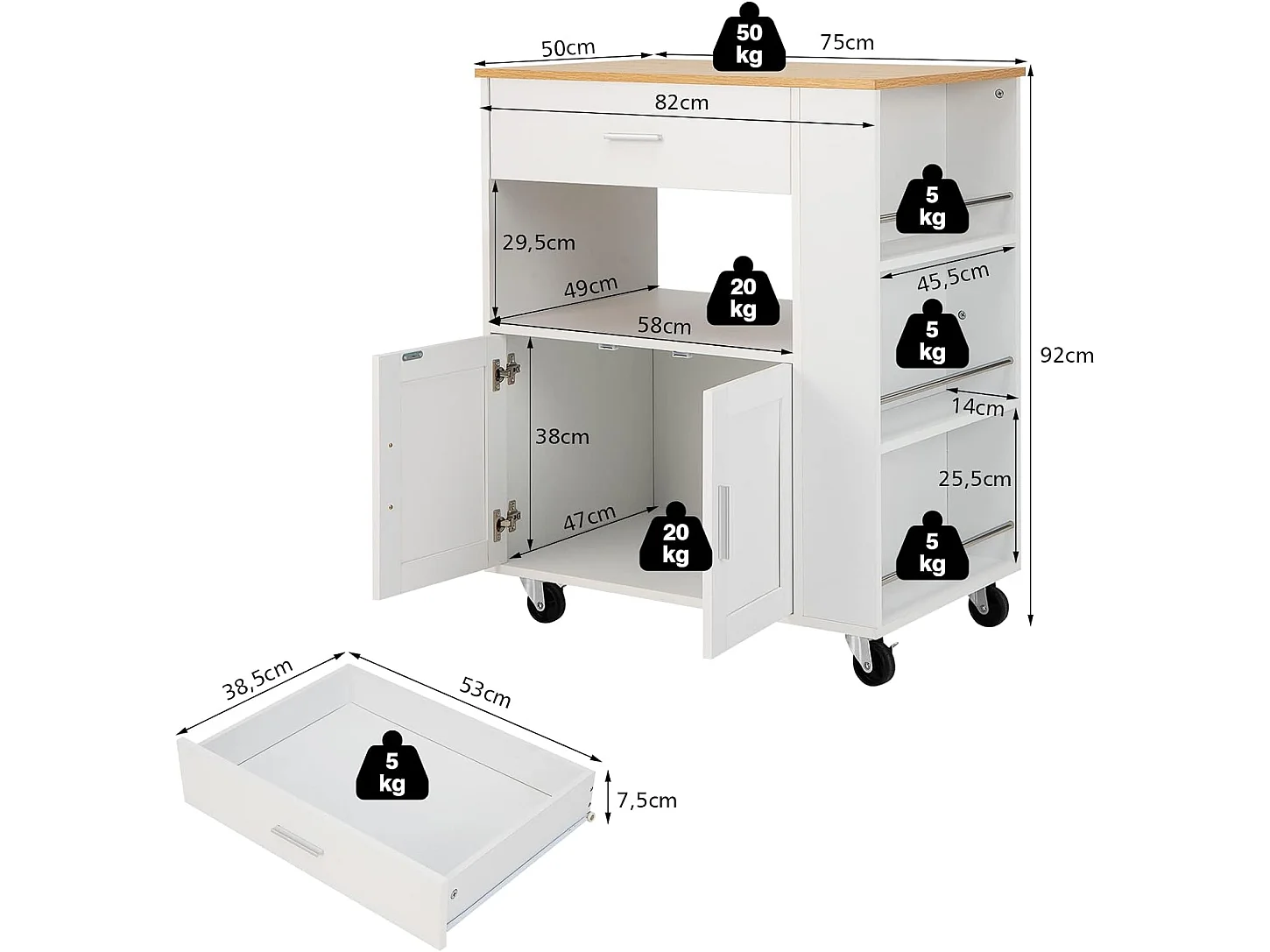 Desserte de Cuisine sur roulettes (2 Verrouillables), 82x50x92cm, Blanc