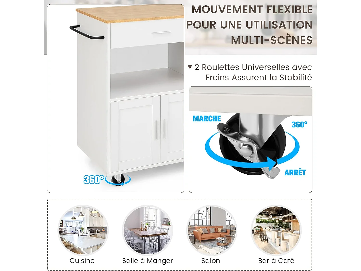 Desserte de Cuisine sur roulettes (2 Verrouillables), 82x50x92cm, Blanc