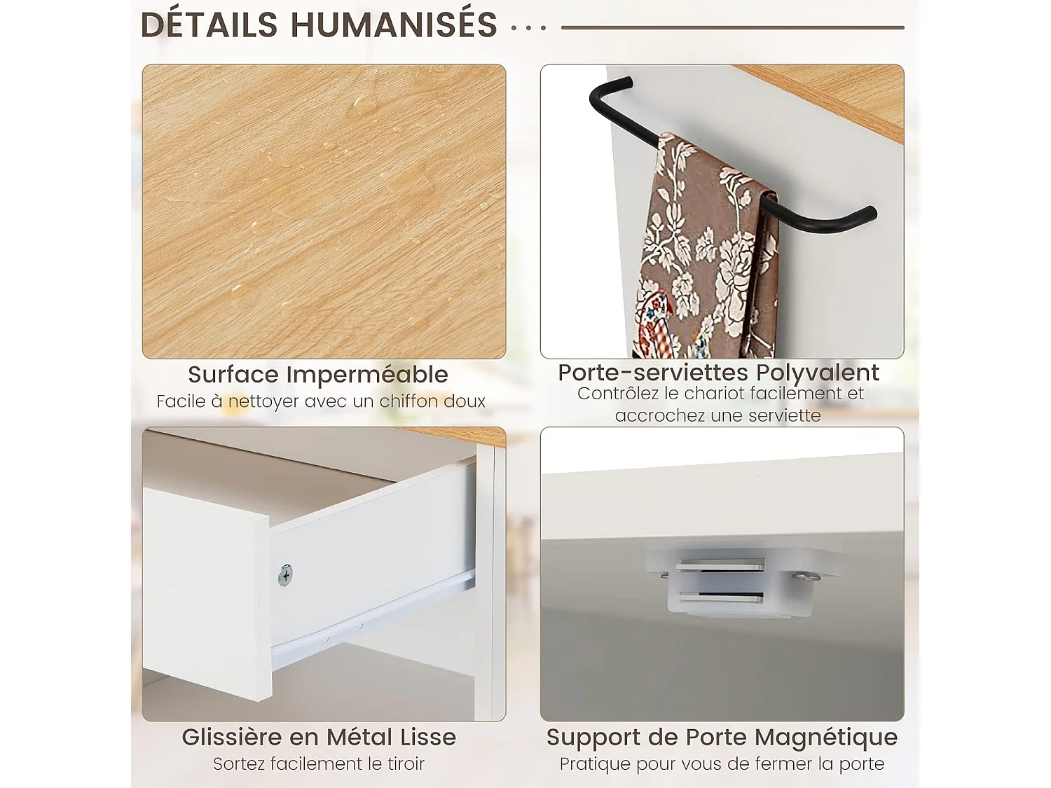 Desserte de Cuisine sur roulettes (2 Verrouillables), 82x50x92cm, Blanc