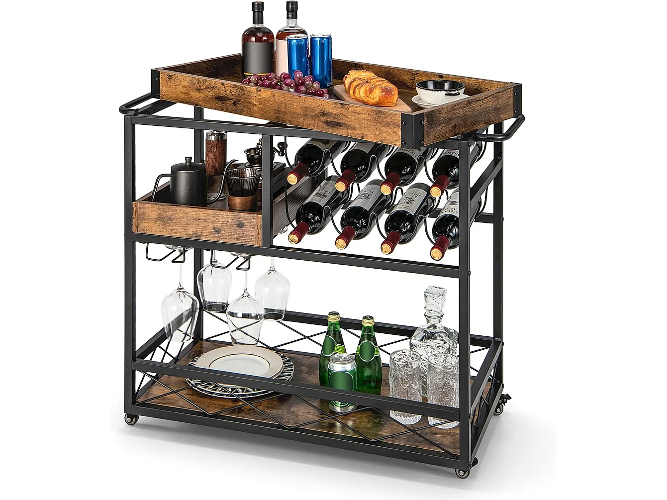 Desserte de Cuisine avec Plateau Supérieur Amovible, Chariot de Bar à roulettes 80 x 40 x 83 cm