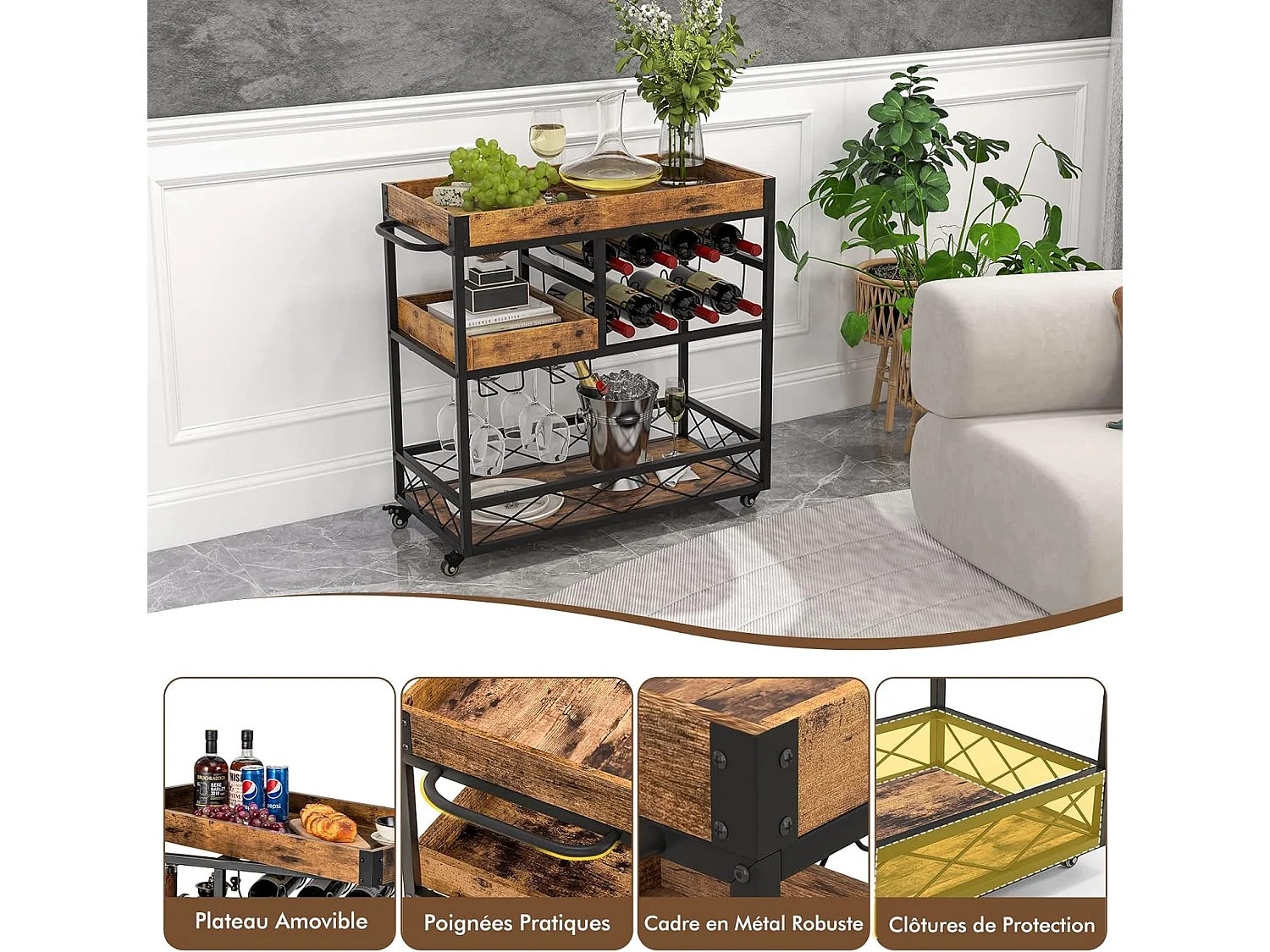 Desserte de Cuisine avec Plateau Supérieur Amovible, Chariot de Bar à roulettes 80 x 40 x 83 cm