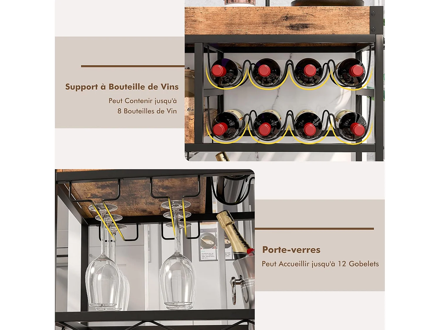 Desserte de Cuisine avec Plateau Supérieur Amovible, Chariot de Bar à roulettes 80 x 40 x 83 cm