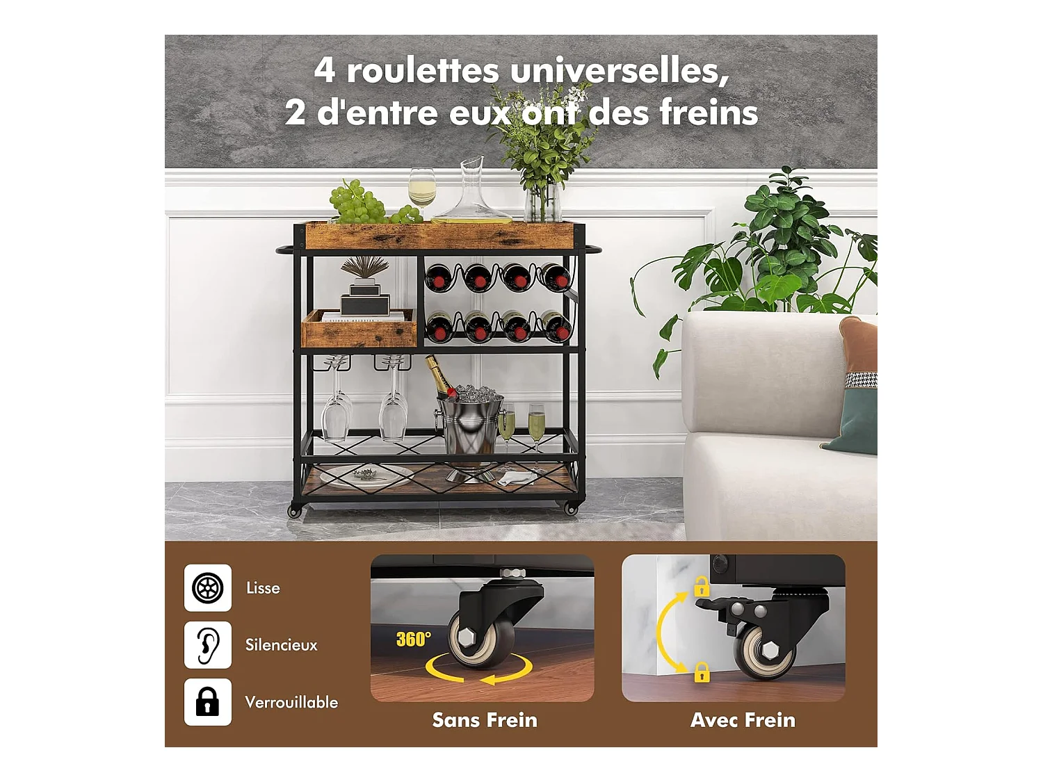 Desserte de Cuisine avec Plateau Supérieur Amovible, Chariot de Bar à roulettes 80 x 40 x 83 cm