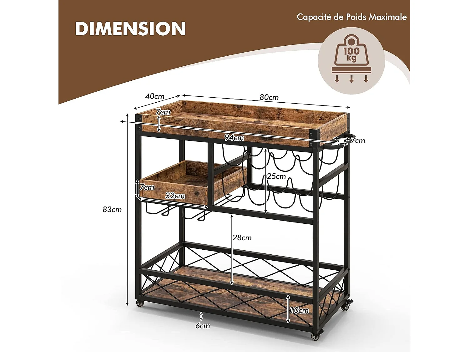 Desserte de Cuisine avec Plateau Supérieur Amovible, Chariot de Bar à roulettes 80 x 40 x 83 cm