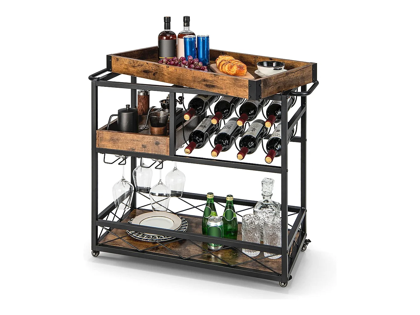 Desserte de Cuisine avec Plateau Supérieur Amovible, Chariot de Bar à roulettes 80 x 40 x 83 cm