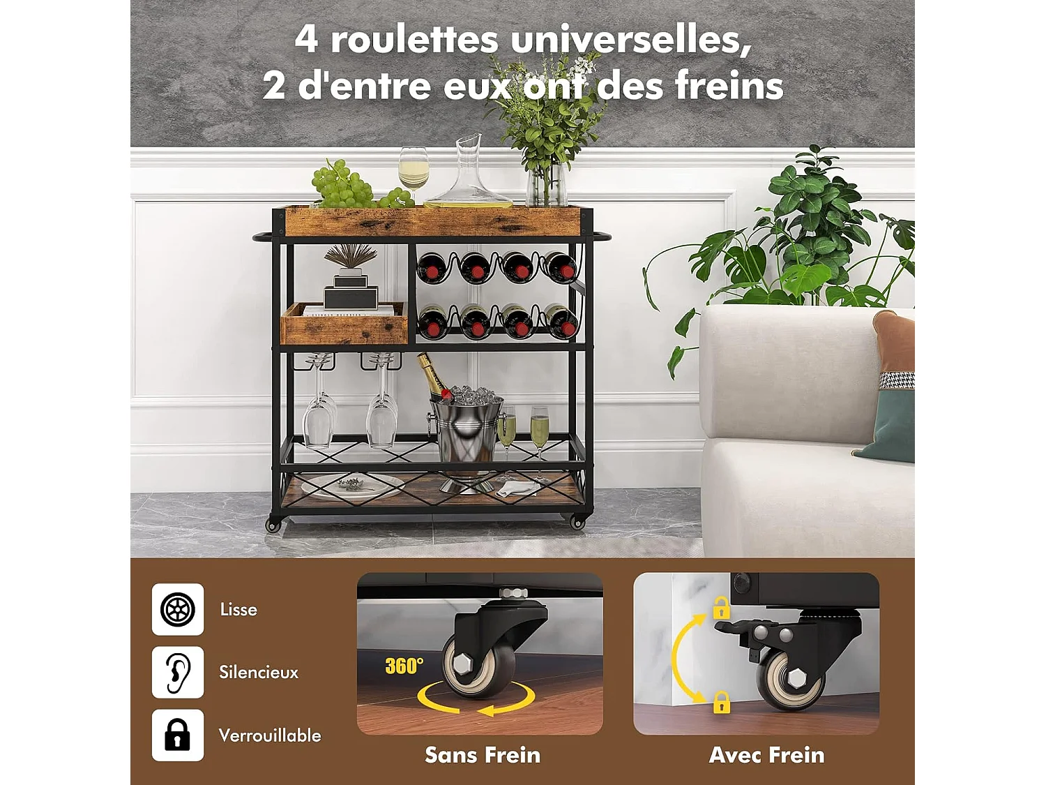 Desserte de Cuisine avec Plateau Supérieur Amovible, Chariot de Bar à roulettes 80 x 40 x 83 cm