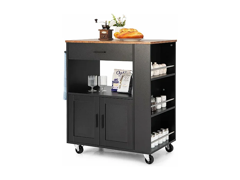 Desserte de Cuisine sur Roulettes (2 Verrouillables), Chariot de Cuisine avec Plateau en Bois et Placard, 3 Support à Épices, Chariot de Service Tiroir et Étagère Ouverte, 46x82x92 cm, Noir