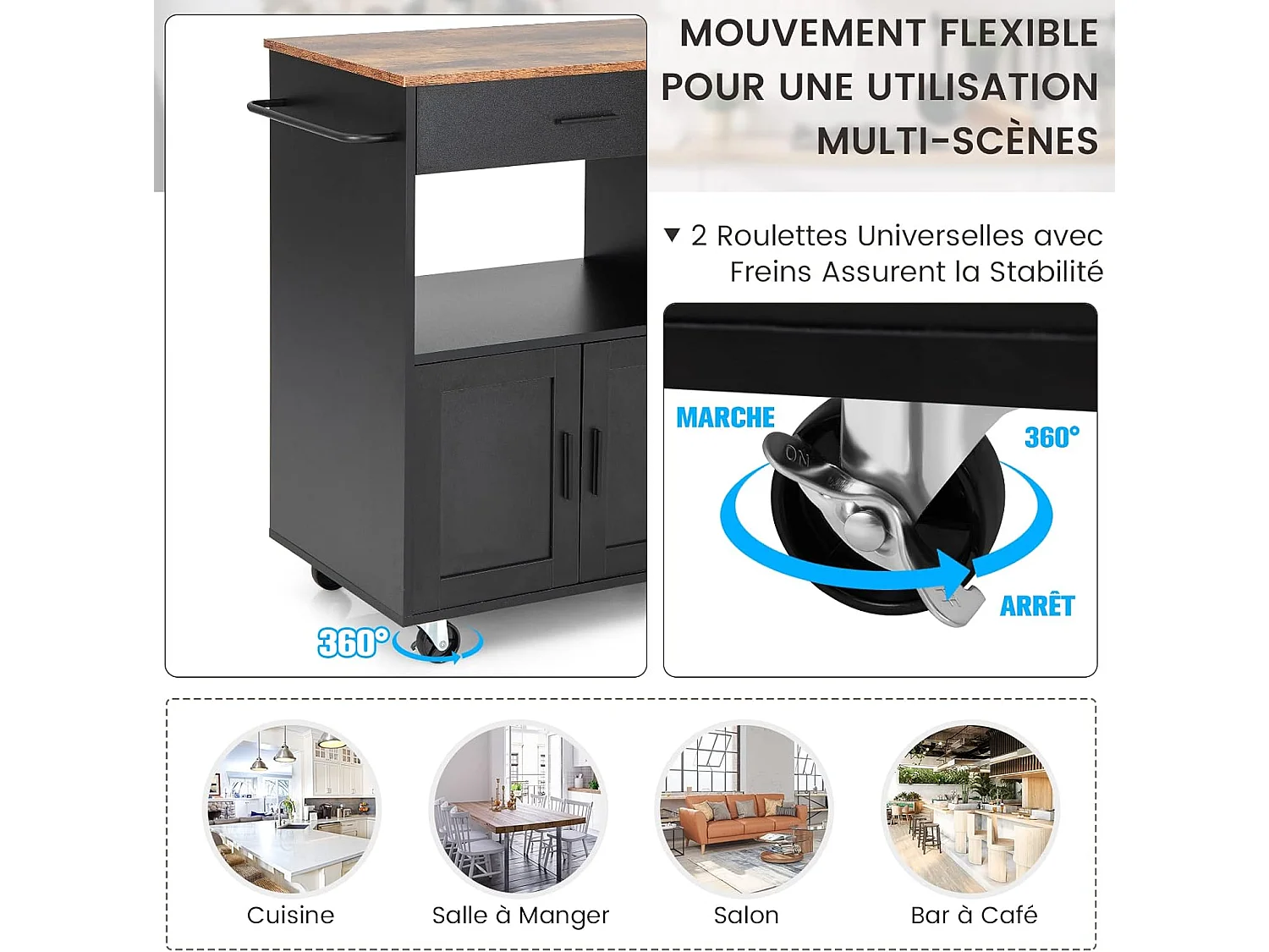 Keukentrolley op wielen (2 afsluitbaar), keukentrolley met houten blad en kast, 3 kruidenrekjes, serveerwagenlade en open plank, 46x82x92 cm, zwart