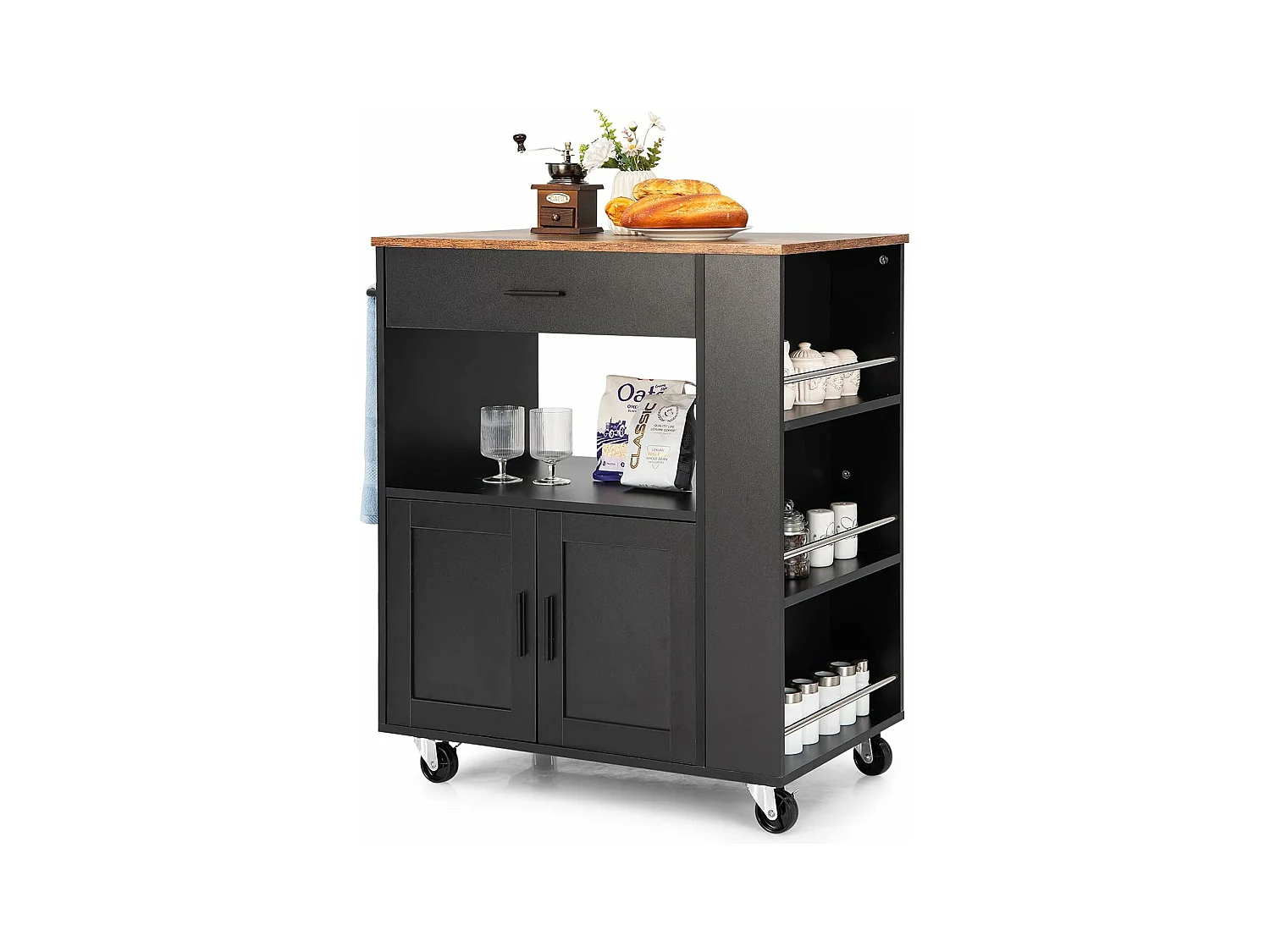 Desserte de Cuisine sur Roulettes (2 Verrouillables), Chariot de Cuisine avec Plateau en Bois et Placard, 3 Support à Épices, Chariot de Service Tiroir et Étagère Ouverte, 46x82x92 cm, Noir