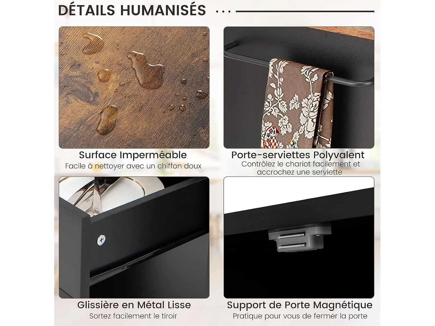 Desserte de Cuisine sur Roulettes (2 Verrouillables), Chariot de Cuisine avec Plateau en Bois et Placard, 3 Support à Épices, Chariot de Service Tiroir et Étagère Ouverte, 46x82x92 cm, Noir