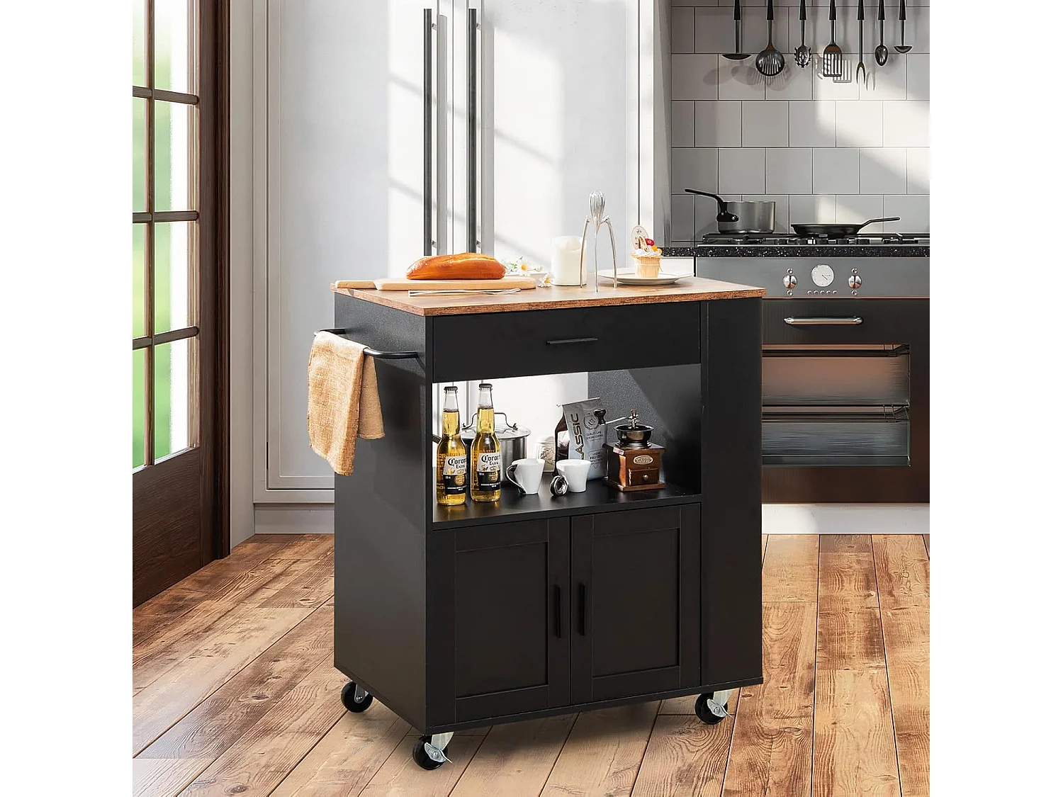 Desserte de Cuisine sur Roulettes (2 Verrouillables), Chariot de Cuisine avec Plateau en Bois et Placard, 3 Support à Épices, Chariot de Service Tiroir et Étagère Ouverte, 46x82x92 cm, Noir