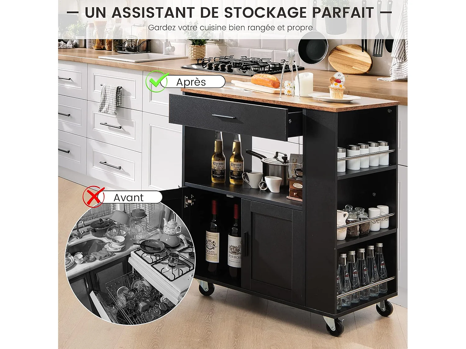 Desserte de Cuisine sur Roulettes (2 Verrouillables), Chariot de Cuisine avec Plateau en Bois et Placard, 3 Support à Épices, Chariot de Service Tiroir et Étagère Ouverte, 46x82x92 cm, Noir