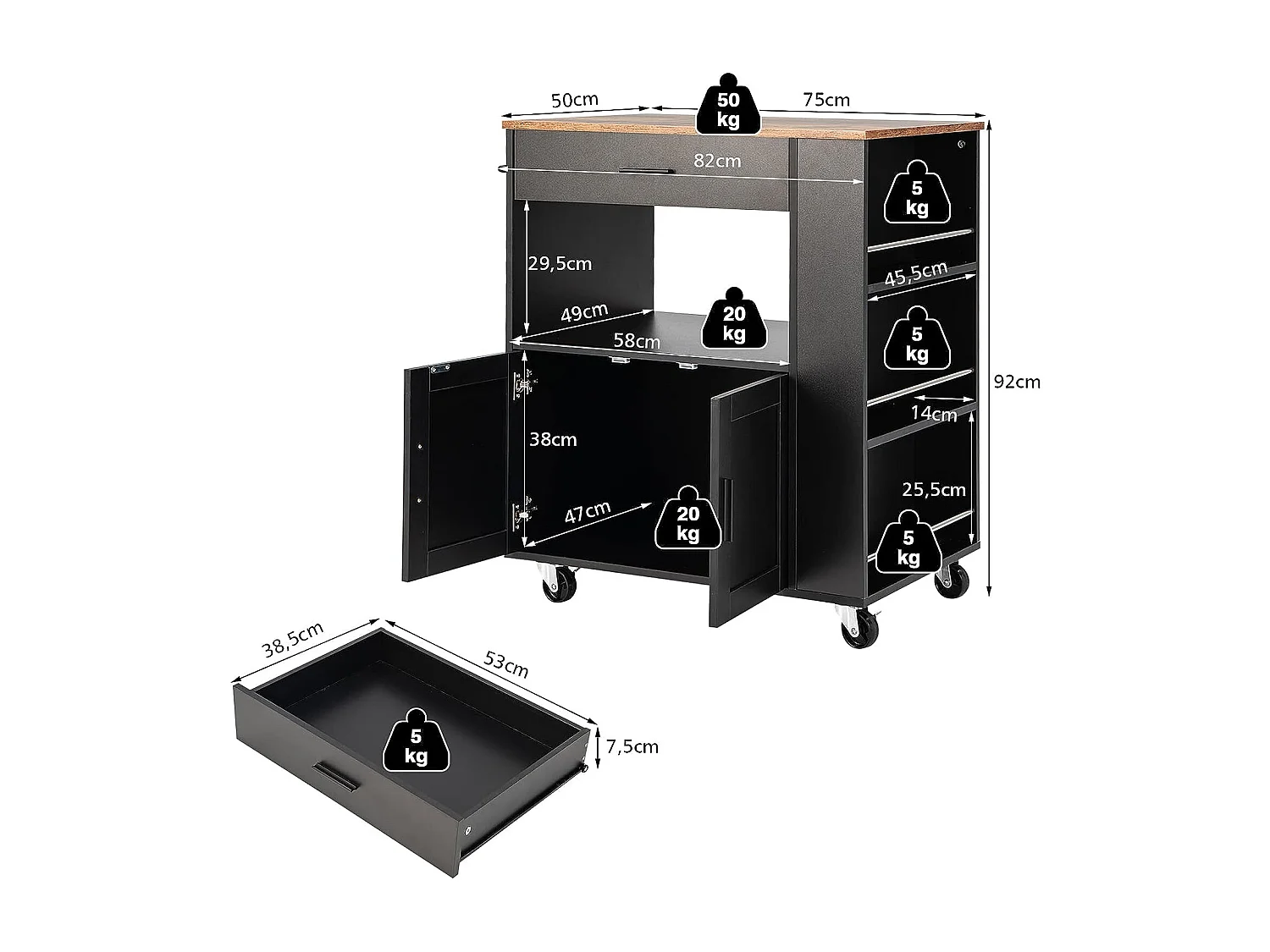 Desserte de Cuisine sur Roulettes (2 Verrouillables), Chariot de Cuisine avec Plateau en Bois et Placard, 3 Support à Épices, Chariot de Service Tiroir et Étagère Ouverte, 46x82x92 cm, Noir