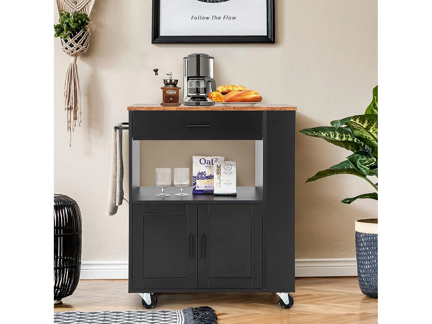 Desserte de Cuisine sur Roulettes (2 Verrouillables), Chariot de Cuisine avec Plateau en Bois et Placard, 3 Support à Épices, Chariot de Service Tiroir et Étagère Ouverte, 46x82x92 cm, Noir