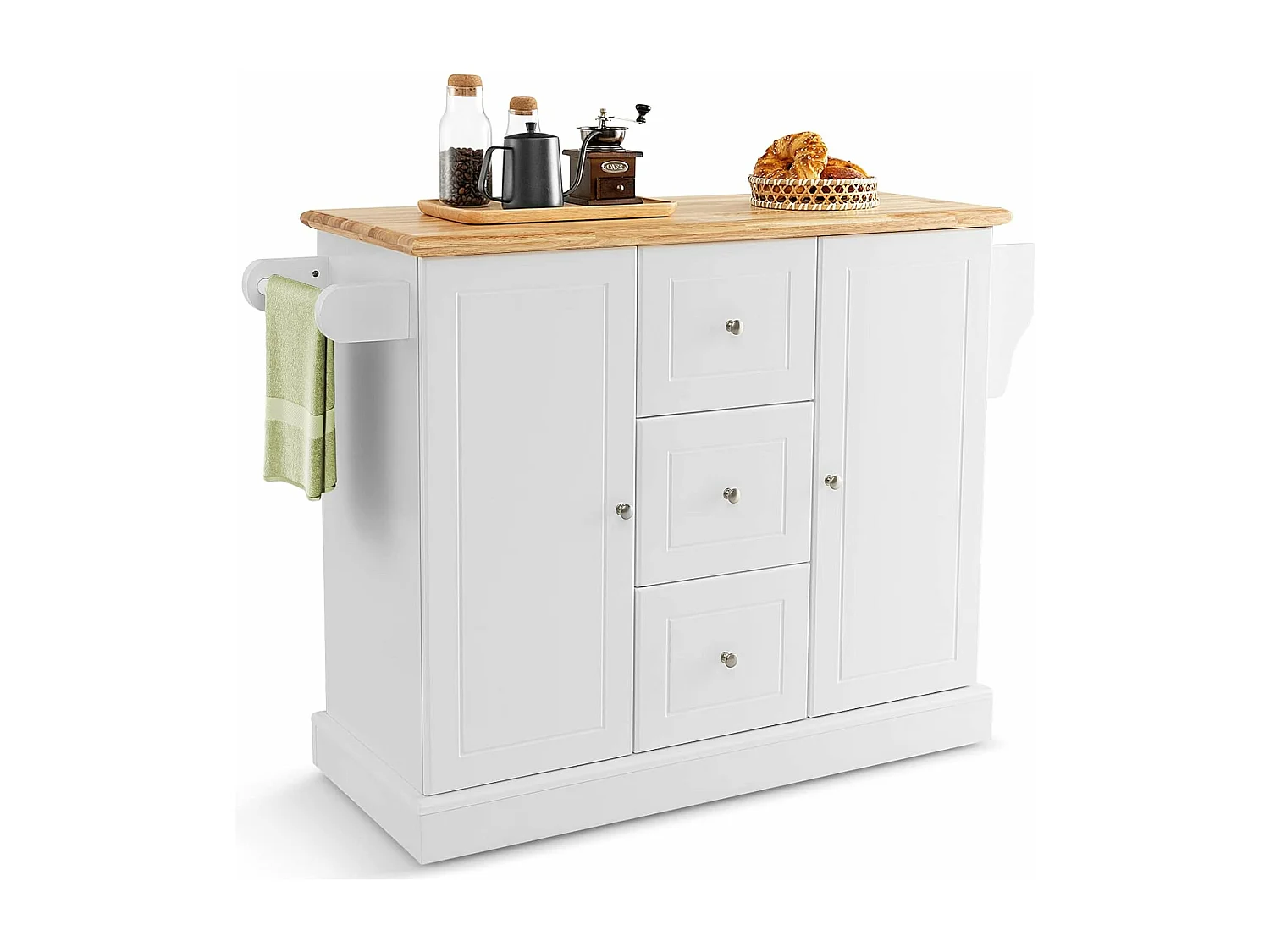 Ilot Central Cuisine Comptoir en Bois d'Hévéa, Desserte de Cuisine - 5 Roues Cachée 127x46x91,5cm