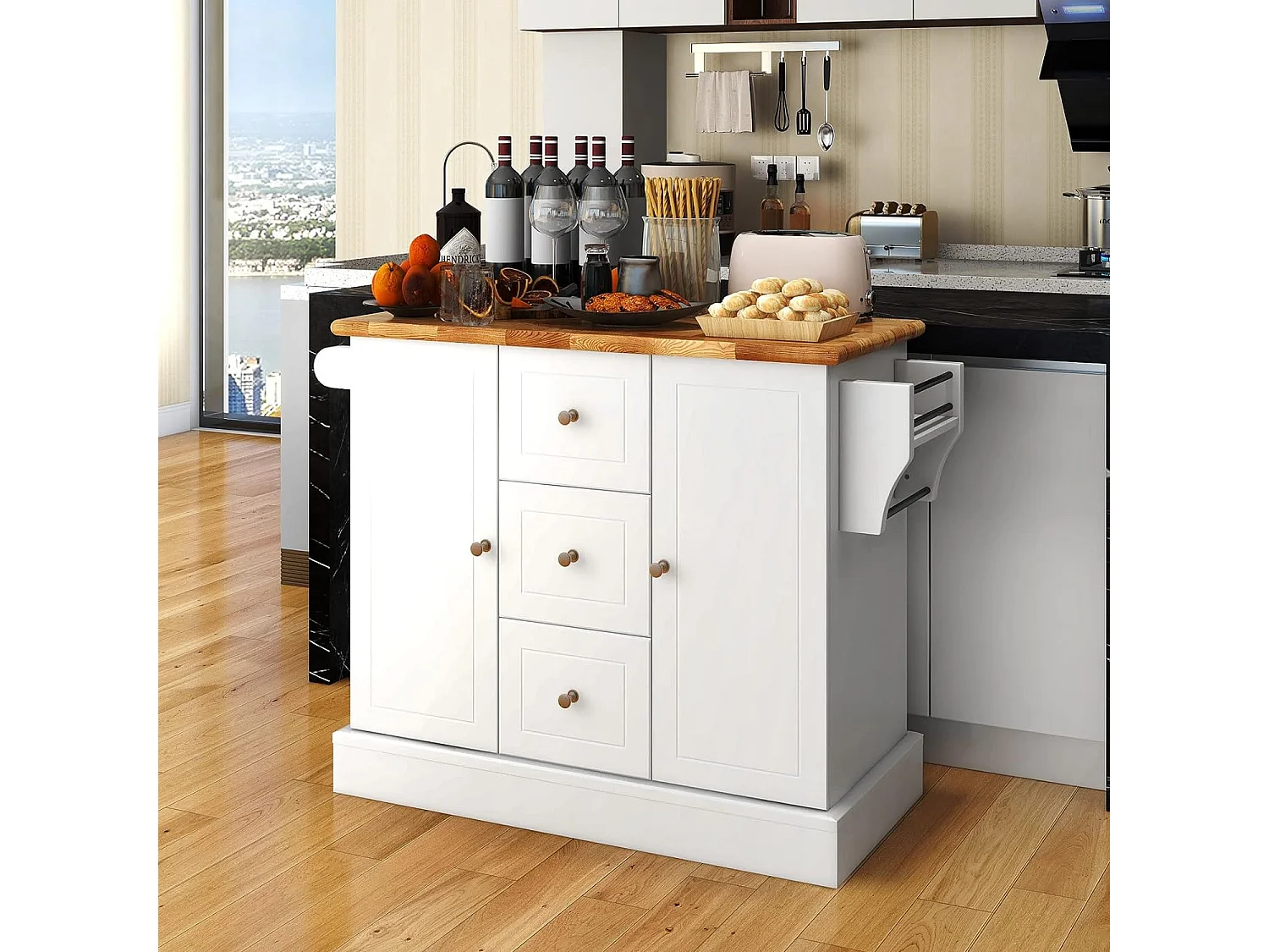 Ilot Central Cuisine Comptoir en Bois d'Hévéa, Desserte de Cuisine - 5 Roues Cachée 127x46x91,5cm