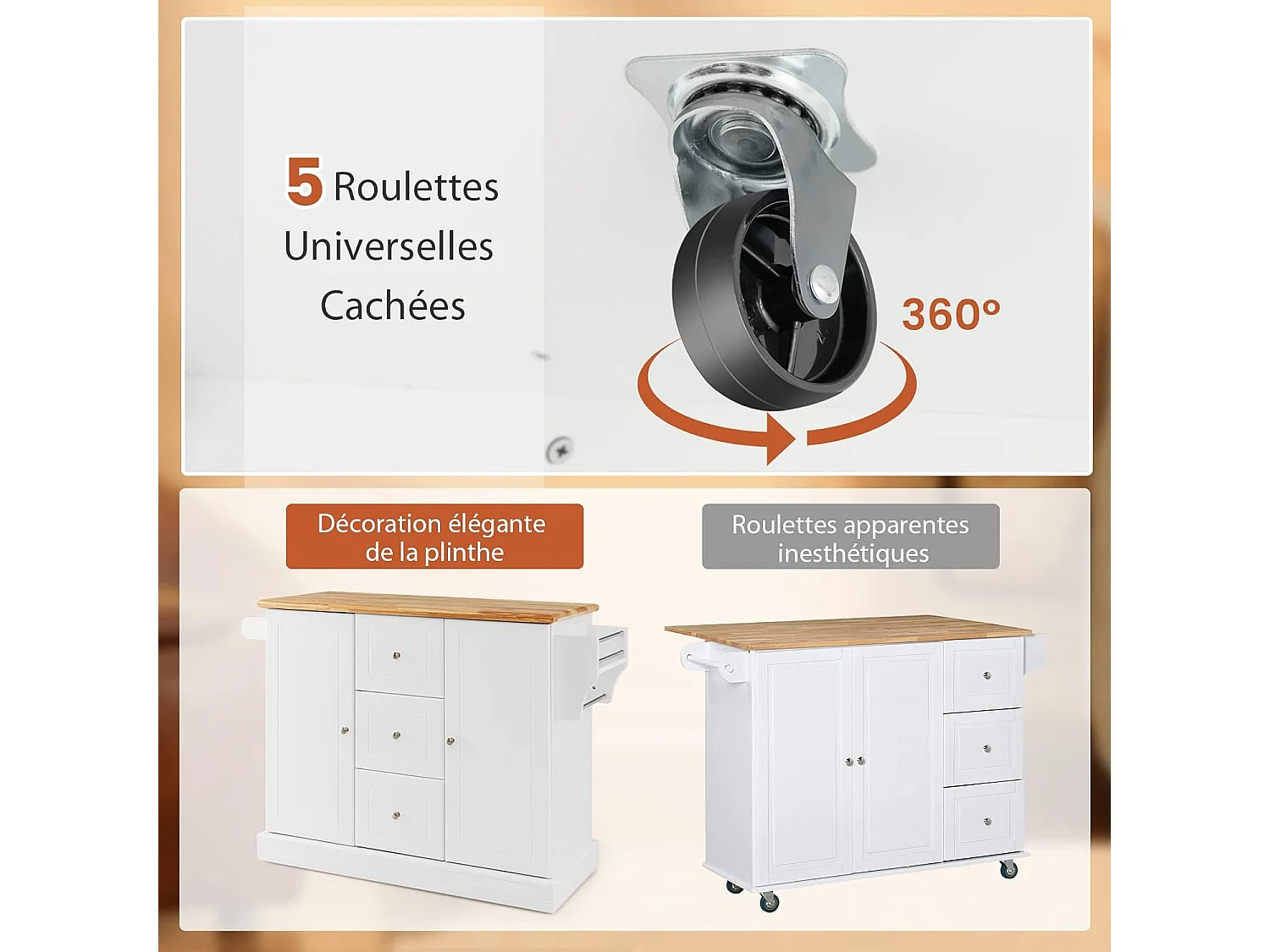 Ilot Central Cuisine Comptoir en Bois d'Hévéa, Desserte de Cuisine - 5 Roues Cachée 127x46x91,5cm